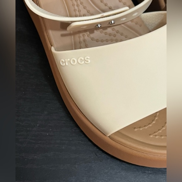 NWOT CROCS Women's Brooklyn Ankle Strap Cream and Brown Wedge Sandals - Picture 2 of 13